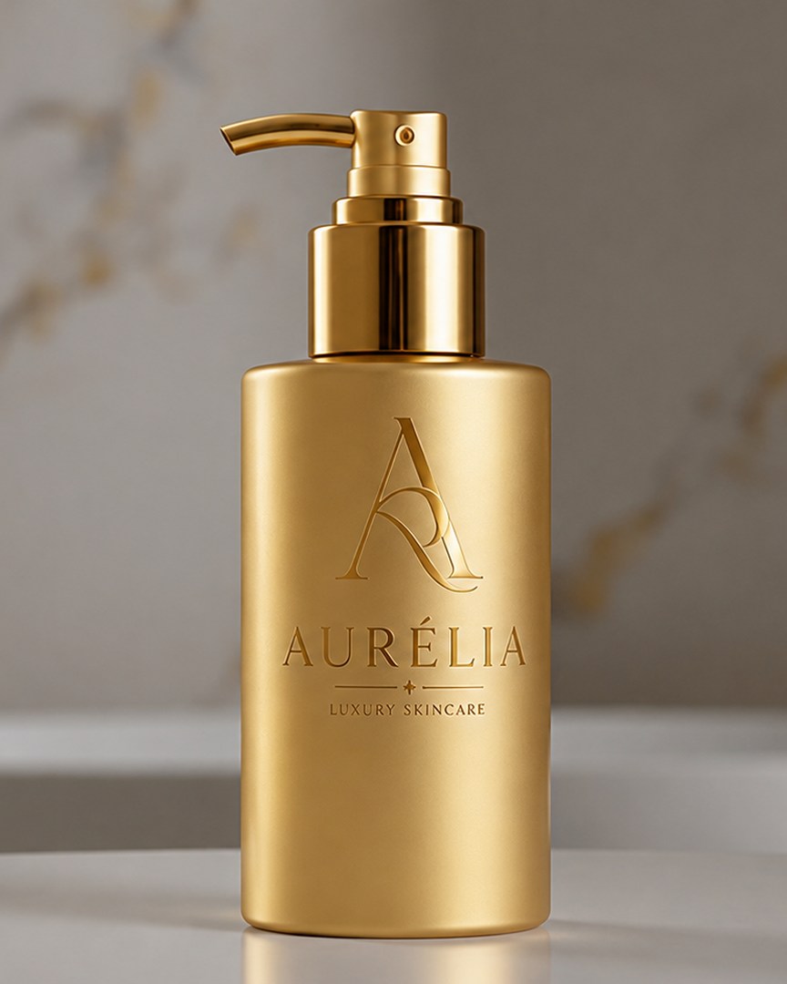 Aurélia No. 03 Baume — gold pump bottle with the Aurélia monogram, on marble