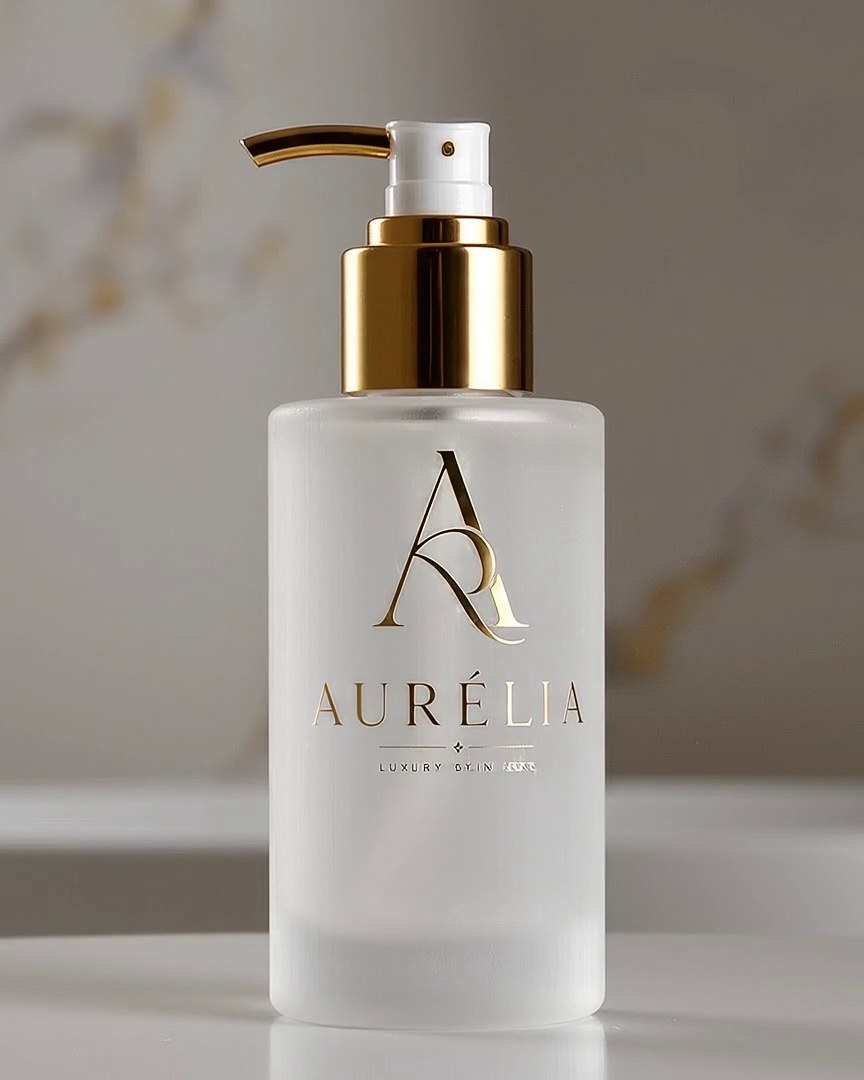 Aurélia No. 01 Élixir — frosted glass serum bottle with gold pump and monogram on marble