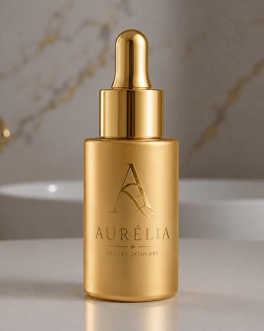 Aurélia No. 02 Sérum — gold dropper bottle with the Aurélia monogram, on marble